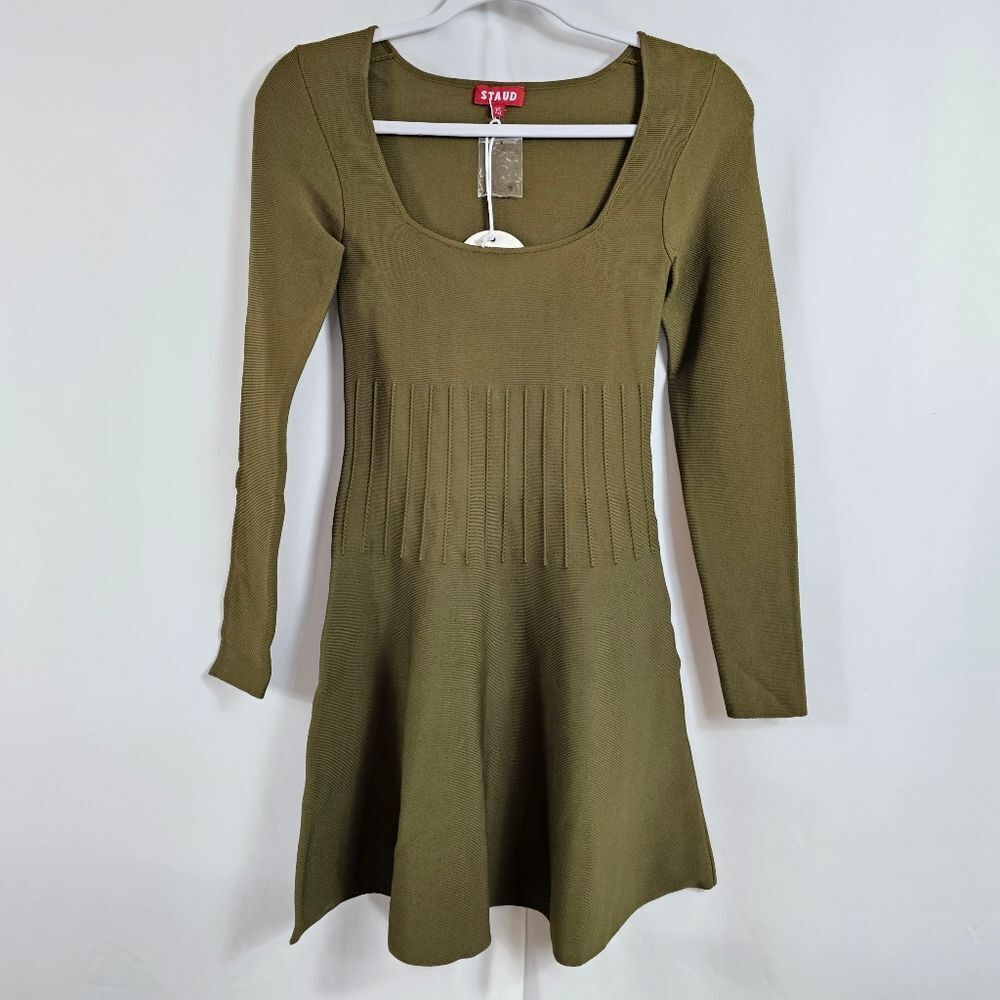 NWT Staud Deora Knit Fit and Flare Mini Dress in Sergeant Green - Size XS